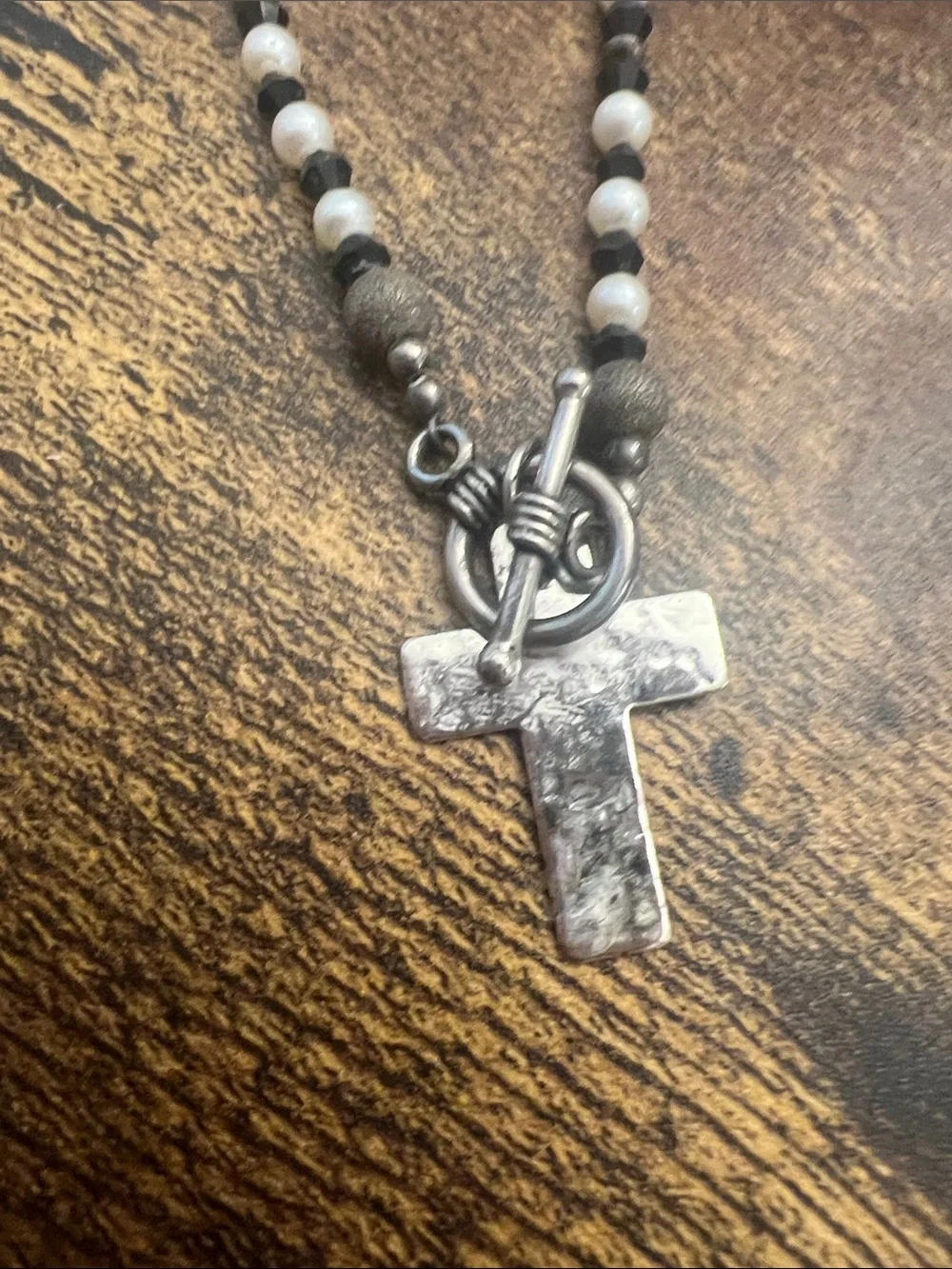 Classic Sterling Silver Pearl and Black Bead Cross Pendant Necklace